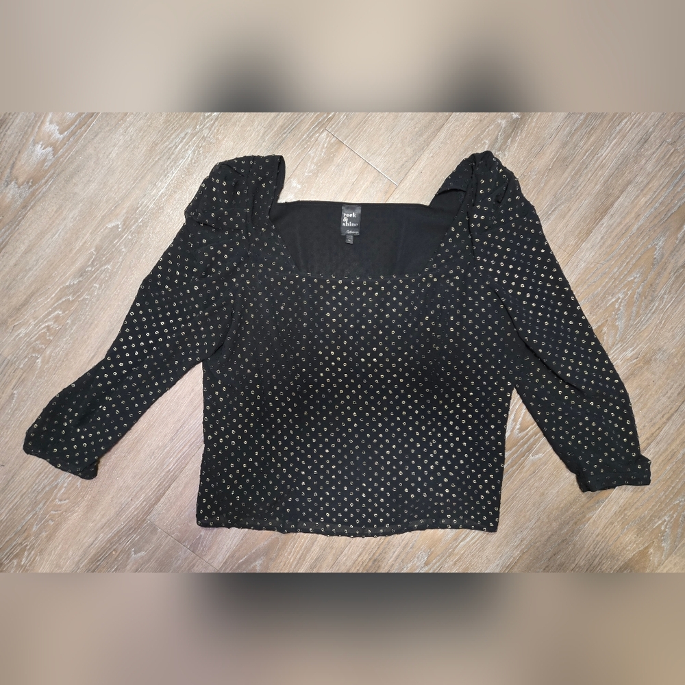 Reitmans “Rock & Shine” Black & Gold Embroidered Blouse with Puffed Sleeves